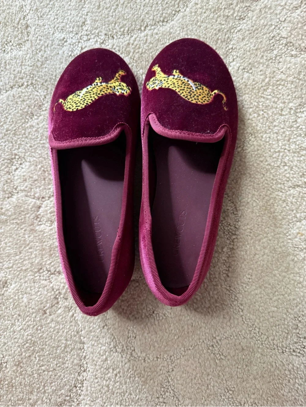 J. Crew Burgundy Velvet Leopard Appliqué Slip-On Flats NEVER WORN NWOT
